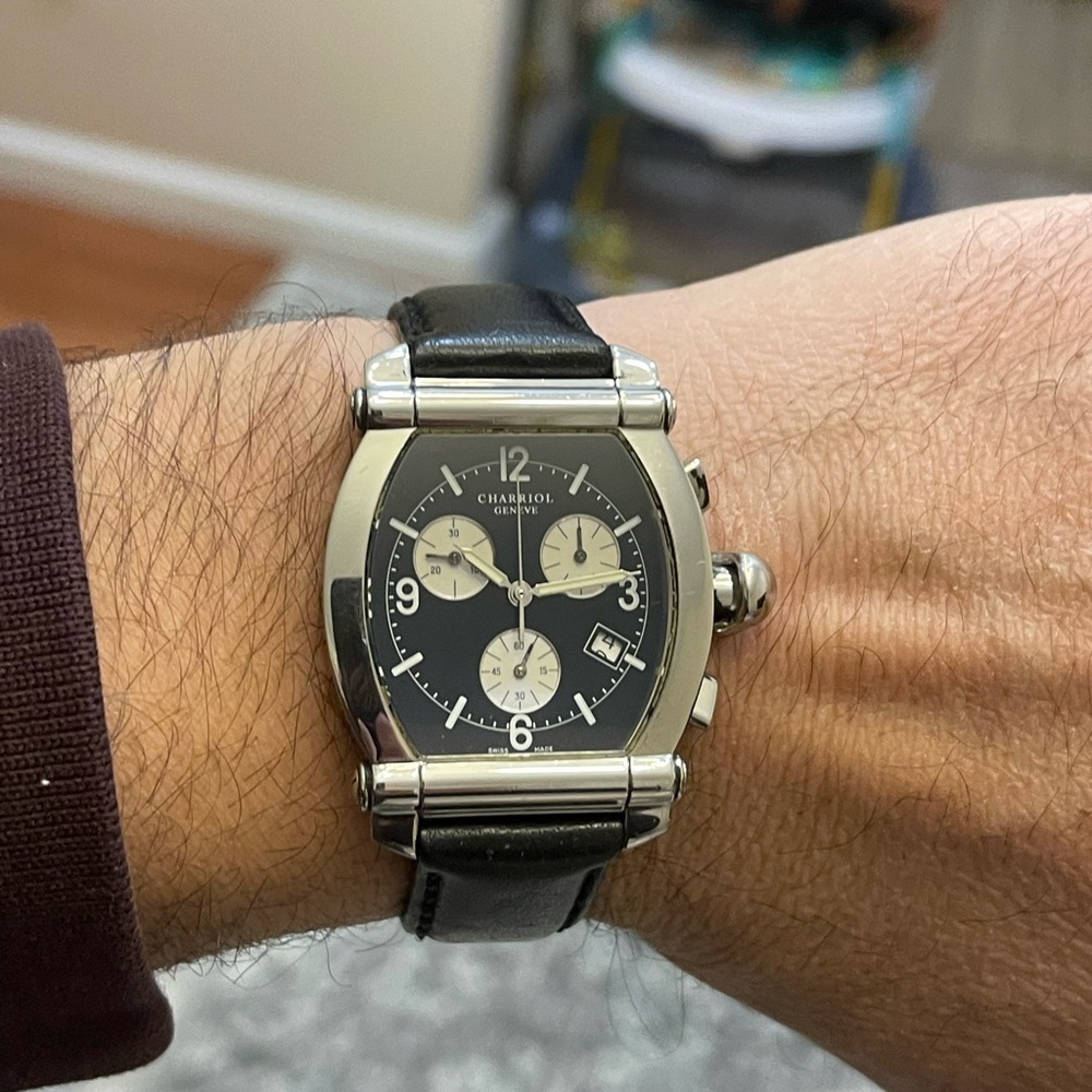 CHARRIOL COLYMBYS® Chrono Black Leather Stainless Steel Quartz Men's Watch 060T - Picture 2 of 16